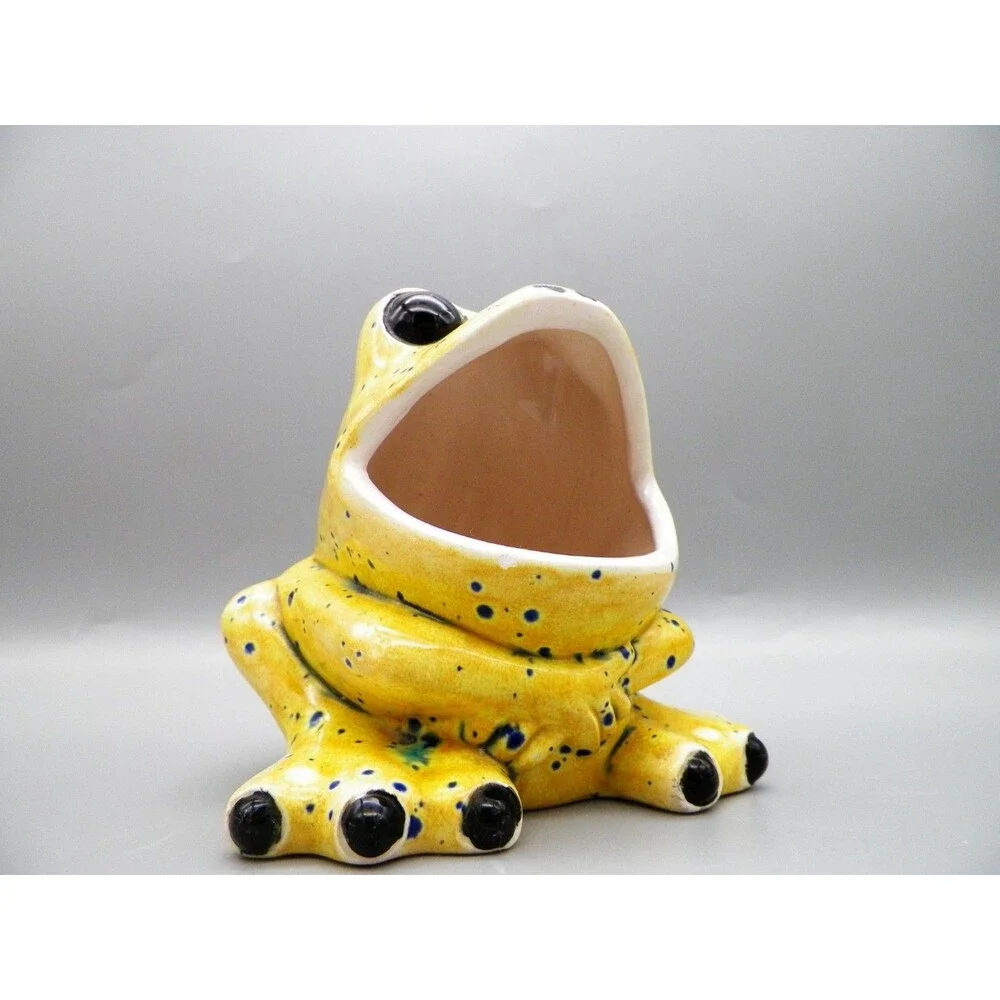 Vintage Wide Mouth Ceramic Frog Speckled Yellow Kitchen Sponge Holder Handmade